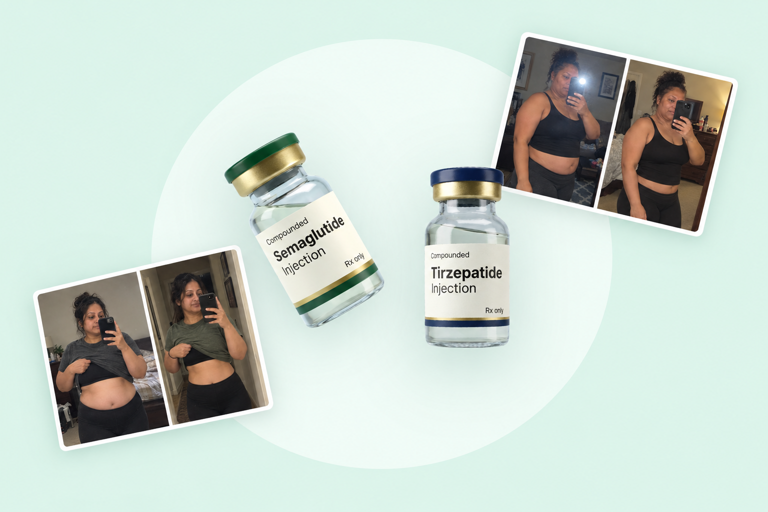 Illustrative composition of semaglutide and tirzepatide vials with before-and-after images